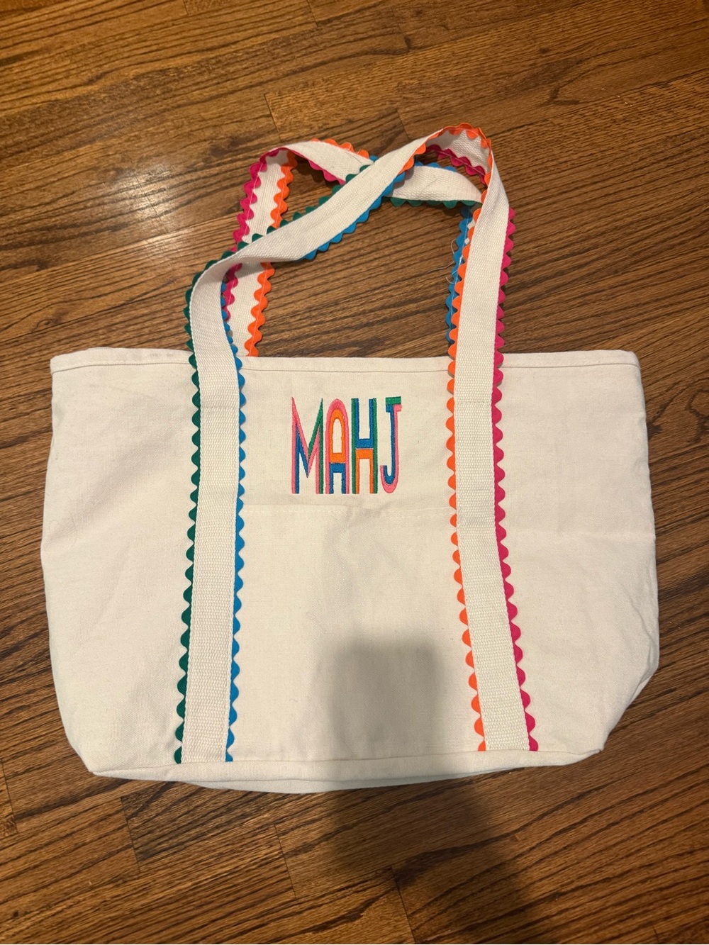 Mahjong Off-White Canvas Tote with Multicolor Trim and MAHJ Monogram